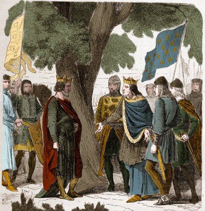 Wywiad z Gisors w Górnej Normandii między królem Filipem Augustem i królem Henrykiem II 2 Plantagenetem z Anglii (1133-1189) w 1188. autorstwa French School