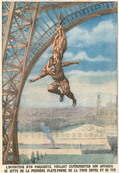 Wynalazca spadochronu skacze z Wieży Eiffla autorstwa French School