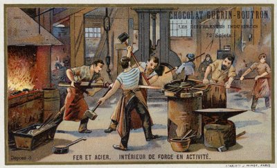 Żelazo i stal. Wnętrze ruchliwej kuźni (chromolitho) autorstwa French School