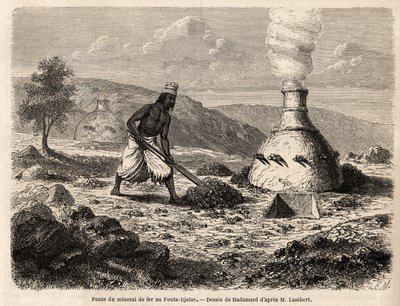 Wytapianie rudy żelaza w Fouta Djalon w Senegalu, rysunek Hadamarda ilustrujący podróż porucznika Lamberta do Fouta Djalon w 1860 r. Rycina w "Le tour du monde" 1861. Kolekcja Selvy. autorstwa French School