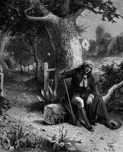 Isaac Newton (1642-1727), angielski matematyk i astronom, odkrywa pojęcie grawitacji ziemskiej poprzez spadające jabłko z jabłoni Woolsthorpe. autorstwa French School