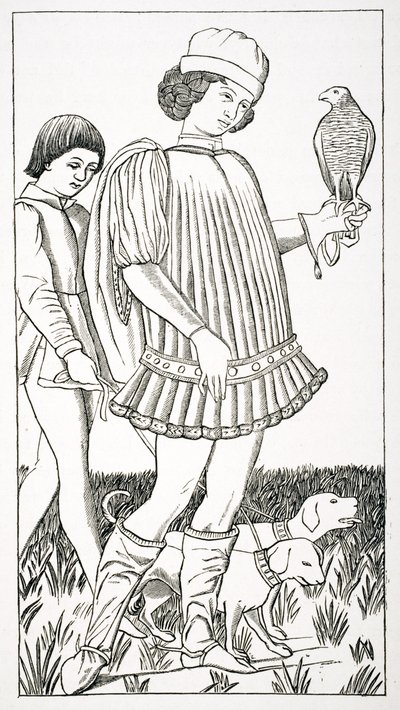 Włoski szlachcic trzymający jastrzębia, według karty do gry wygrawerowanej na miedzi, ok. 1460, z „Le Moyen Age et La Renaissance” Paula Lacroix (1806–84) opublikowanej w 1847 r. autorstwa French School