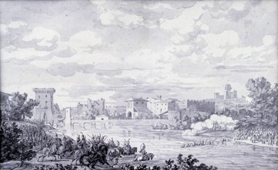 Włoska wieś: armia francuska przeszła rzekę Mincio do Borghetto w 1796 roku. Anonimowy rysunek. Paryż, Muzeum Luwr autorstwa French School