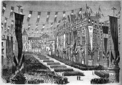 Zjednoczenie Włoch, Turyn, 2 kwietnia 1860: dekoracja placu zamkowego (Piazza Castello) z okazji otwarcia parlamentu włoskiego. Grawer w „Le Monde Illustré” nr 157 z 14 kwietnia 1860 r. autorstwa French School
