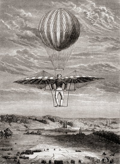 Ornitopter Jacoba Degena z 1808 r. z zaworami klapowymi, w którym pilot stał na sztywnej ramie i obsługiwał skrzydła za pomocą ruchomego poziomego pręta, z "Les Merveilles de la Science", opublikowanego ok. 1870 r. (litografia) autorstwa French School