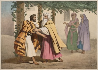 Jakub z Labanem i jego córkami, ilustracja z katechizmu LHistoire Sainte, wyd. Charles Delagrave, Paryż, koniec XIX w. autorstwa French School