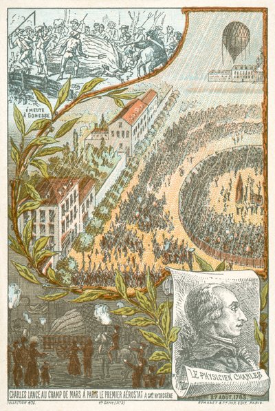 Jacques Charles wystrzeliwuje pierwszy balon wodorowy z Pola Marsowego, Paryż, 27 sierpnia autorstwa French School