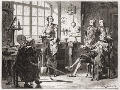James Watt (wynalazca maszyny parowej w 1769 r.) w swoim sklepie Glascow - w „Albumie nauki”; wybitni naukowcy; Wielkie odkrycia”” 1896. autorstwa French School