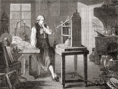James Watt w swoim warsztacie w Glasgow ulepszał maszynę parową Thomasa Newcomena 1712 Newcomen z silnikiem parowym Watta w 1781, z Les Merveilles de la Science, wyd. 1870. autorstwa French School