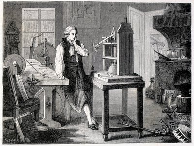 James Watt studiujący doskonalenie maszyny Newcomena (1767) - w „Albumie nauki”; wybitni uczeni; Wielkie odkrycia”” 1896. autorstwa French School