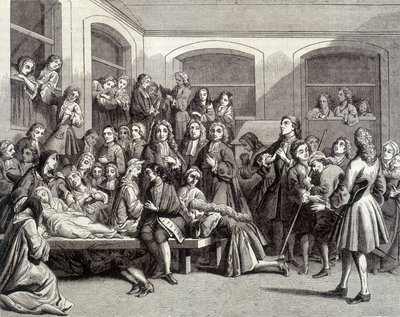 Jansenizm: konwulsje na cmentarzu Saint-Médard na grobie diakona Parîsa (1690-1727), gdzie miały miejsce „cuda”. Druk z XVIII wieku. autorstwa French School
