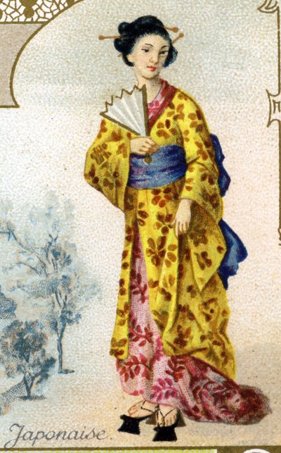 Japonka. Wydanie litografii paryskiej, koniec XIX wieku. Seria 25 farb reklamowych do manufaktury Biscuits Pernot w Dijon, stworzona w 1869 roku. Szczegóły postaci w strojach ludowych autorstwa French School