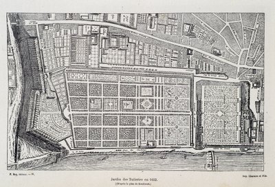 Jardin des Tuileries w 1652 r. (wg planu Gombousta) – w „Paryżu przez wieki”, H. Gourdon de Genouillac, wyd. F. Roy, Paryż autorstwa French School