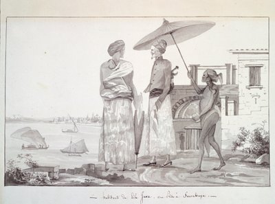 Mieszkańcy wyspy Java w drodze do Surabaya, ilustracja z Podróży dookoła świata autorstwa Louisa Isidore