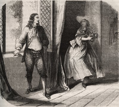 Jean Baptiste (Jean-Baptiste) Poquelin, dit Moliere (1622-1673) oświadczył się komikowi Mademoiselle de Brie (Catherine Leclerc du Rose autorstwa French School