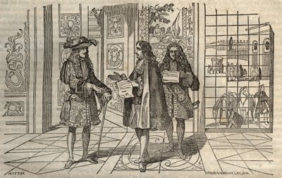 Jean Baptiste Colbert (Jean-Baptiste) (1619-1683) na spotkaniu z królem Ludwikiem XIV i Francois Louvois (1641-1691) w Wersalu - rycina wg Leclerca - autorstwa French School