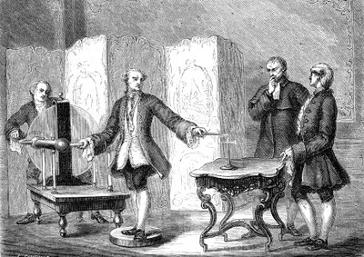 Jean JALLABERT (1712-1768), szwajcarski fizyk, odkrywa elektryczność na ostrych przedmiotach (Power of the Pointe autorstwa FRANKLIN). rycina 1867 autorstwa French School
