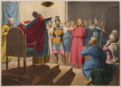 Jezus Chrystus przed Kajfaszem, ilustracja z katechizmu LHistoire Sainte, wyd. Charles Delagrave, Paryż, koniec XIX wieku autorstwa French School