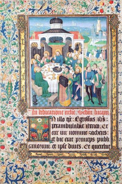 Jezus jedzący w domu celnika, Zacheusz i wjazd do Jerozolimy, miniatury z Ewangelii Łukasza autorstwa French School