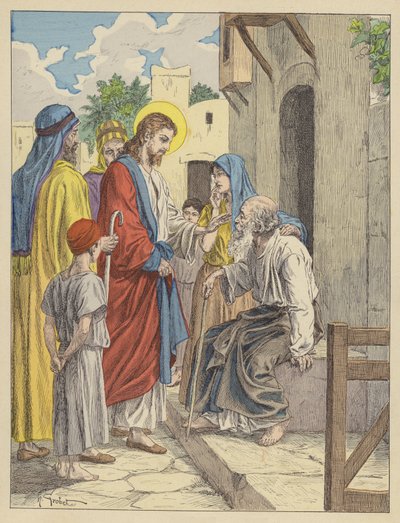 Jezus uzdrawia niewidomego (kolorowa litografia) autorstwa French School