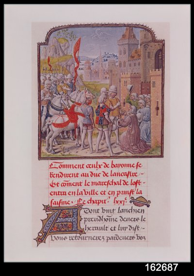 Jan z Gaunt przyjmowany przez mieszkańców Bayonne u bram miejskich, z Kroniki Froissarts, koniec XV w. autorstwa French School