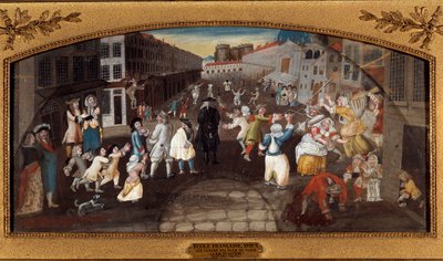 Żarty z ulic Paryża: Rue Saint-Antoine. - „” Les farces des rues de Paris: la rue du faubourg Saint Antoine a Paris”” Przechodnie, dorośli i dzieci, zabawa i walka. W tle widzimy więzienie Bastille. Malowanie (dla de autorstwa French School
