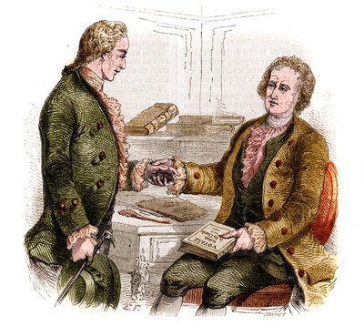 Joseph de Maistre (1753-1821), francuski polityk, pisarz i filozof oraz hrabia Xavier de Maistre (1763-1852), francuski oficer i pisarz z pierwszym egzemplarzem „Podróży po moim pokoju”. Rysunek lasu. Grawerowanie z 1852 roku. autorstwa French School