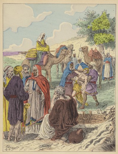 Józef sprzedany przez braci (kolorowa litografia) autorstwa French School