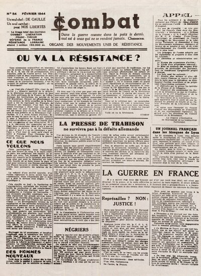 Dziennik COMBAT - nr 54 - luty 1944 - organ zjednoczonego ruchu oporu. (tajna gazeta) - Dokąd pójdzie ruch oporu? autorstwa French School