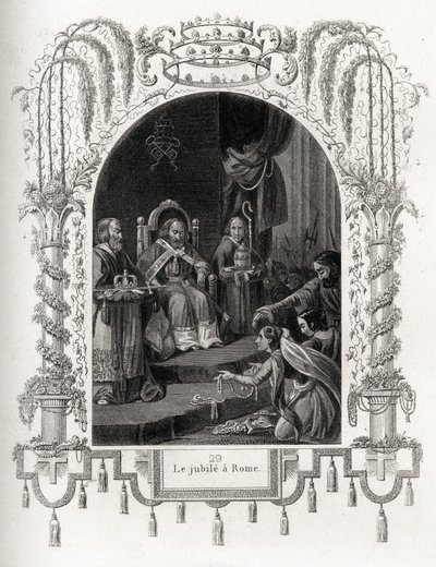 Jubileusz w Rzymie w 1450 r., za pontyfikatu Mikołaja V (1447-1455). Rycina ilustrująca Histoire des Popes Maurice