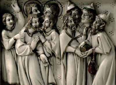 Judasz otrzymuje trzydzieści srebrników, fragment dyptyku z kości słoniowej, francuski autorstwa French School
