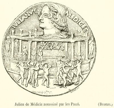 Giuliano de Medici zamordowany przez Pazzi, Brąz (rycina) autorstwa French School