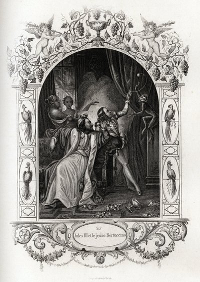 Juliusz III (juliusz lub Iulius lub Giulio) (papież od 1550 do 1555) i młody Bertuccino, pokaz małp. Rycina ilustrująca Histoire des Popes Maurice