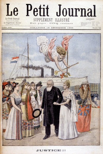 Sprawiedliwość! : Prezydent Kruger przybywający, by bronić sprawy swojego ludu w Holandii, do królowej Wilhelminy - w „Le Petit Journal” z 16.12.1900 (rycina) autorstwa French School
