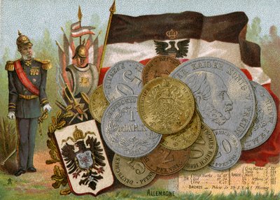 Kaiser Wilhelm I stojący obok flagi Królestwa Prus i ekspozycji niemieckich marek, ok. 1890 autorstwa French School