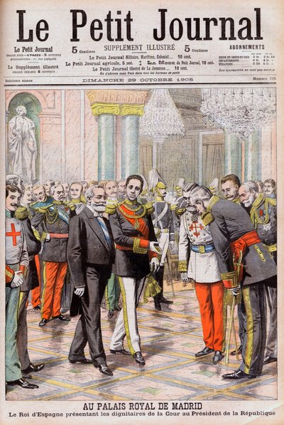 Król Hiszpanii Alfons XIII przedstawiający swój dwór prezydentowi Francji Emilowi Loubetowi w Pałacu Królewskim w Madrycie. W Pałacu Królewskim w Madrycie. Król Hiszpanii Alfons XIII przedstawiający dostojników dworskich Prezydentowi Republiki Loubet autorstwa French School
