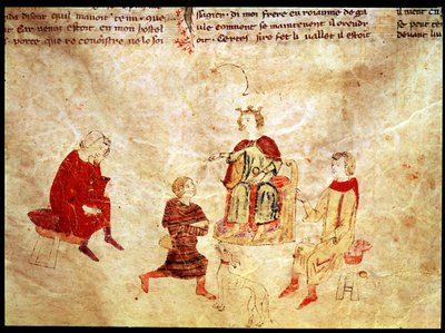 Król Artur na tronie otoczony przez swoich doradców, z Roman de Meliadus autorstwa French School