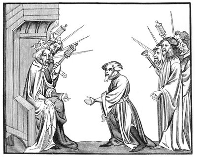Król Karol Wielki (742-814) odbiera przysięgę wierności i hołdu od jednego ze swoich feudatorów lub wysokich baronów, z miniatury w kamei z Kronik św. Denisa autorstwa French School
