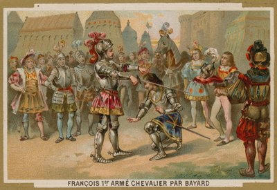 Król Francji Karol I pasowany na rycerza przez Kawalera de Bayard po bitwie pod Marignano, 1515 autorstwa French School