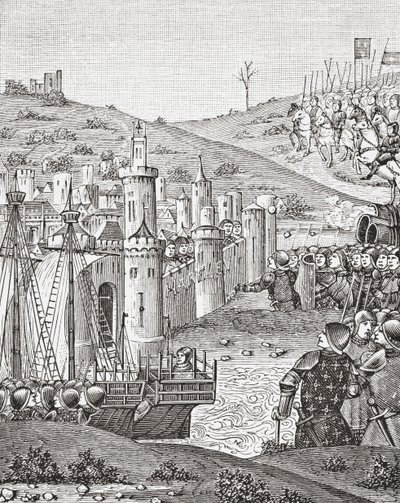 Król Karol VII, po opuszczeniu Rouen, wyrusza na oblężenie miasta Harfleur, po miniaturze z XV-wiecznego rękopisu Chroniques de Monstrelet, z Science and Literature in The Middle Ages autorstwa Paula Lacroix pub. Londyn 1878 autorstwa French School