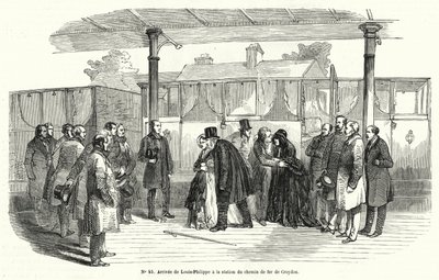 Król Francji Ludwik Filip przybywa na stację kolejową Croydon po tym jak został zmuszony do wygnania, luty 1848 (rycina) autorstwa French School