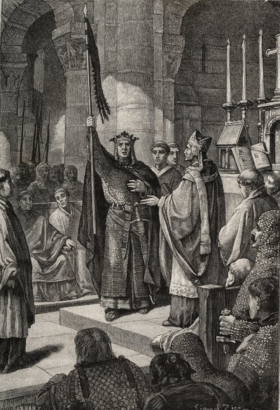 Król Ludwik VII (1120-1180) przejmuje oriflame w Bazylice Saint Denis (Saint Denis) w obecności królowej Akwitanii Alienor i odbiera trzmiel i pannetiere pelerin z rąk papieża Eugeniusza III (? -1153) przed jego odejściem autorstwa French School