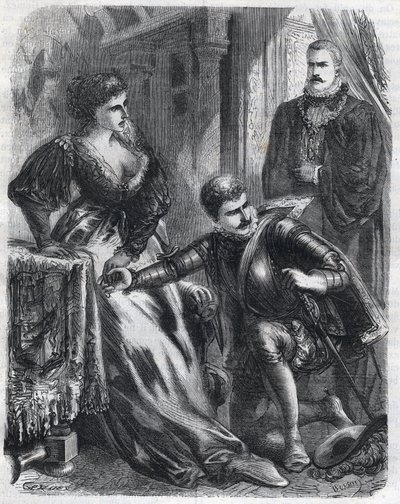 Król Filip II (1527-1598) zaskakuje swojego syna, księcia Don Carlosa (1545-1568), próbującego pogwałcić swoją teściową (macochę), królową Elżbietę (1545-1568) (Elizabeth z Francji lub Isabelle of Valois) , 17 stycznia autorstwa French School