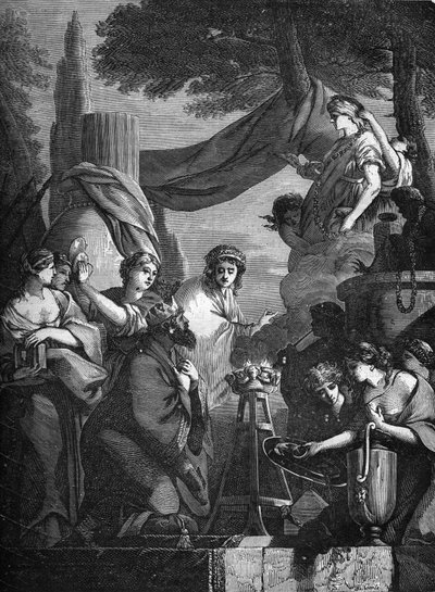 Król Salomon (X wiek pne) otoczony przez swoje konkubiny. Grawer w „Historii prostytucji i rozpusty wśród wszystkich narodów świata od starożytności do dnia dzisiejszego” autorstwa dr Th. -F. Debray. 1879. autorstwa French School