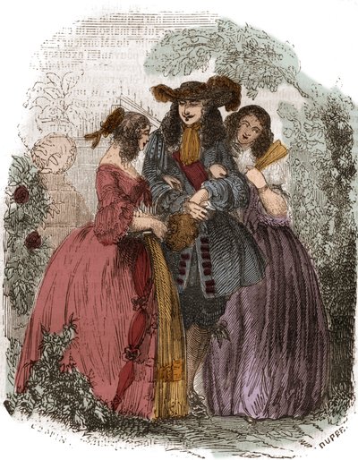 Król Francji Ludwik XIV (1638-1715) z Hortense Mancini (1646-1699) i jego siostrą Marie Mancini (1639-1715). Siostrzenice Mazarina. Rycina XIX wieku. autorstwa French School