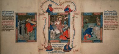 Kings 5 f.20 Zmartwychwstanie, Samson burzący bramy Gazy, Jonasz uciekający przed wielorybem, z Biblia Pauperum, początek XV w. (welum) autorstwa French School
