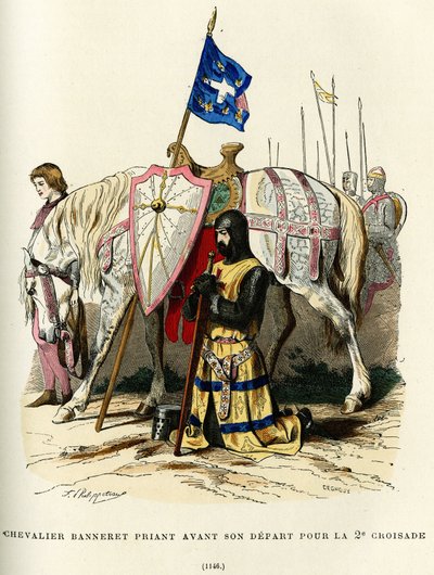 Rycerz banneret (tytuł szlachecki uprawniający do noszenia sztandaru) modlący się przed wyruszeniem na drugą krucjatę (1147-1149). Kolorowa rycina w "France et les francais a travers les siecles" autorstwa Augustina Challamela, redaktora F.Roya, Paryż 1882 autorstwa French School