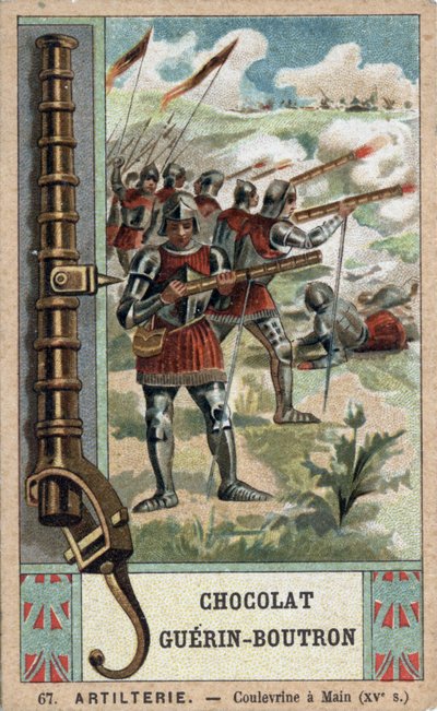 Rycerz manewrujący kulą ręczną z XV wieku. Chromolitografia z XIX wieku czekolad Guérin-Boutron. autorstwa French School