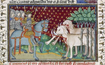 Rycerze atakujący słonie, z „Księgi romansów Shrewsbury Talbot”, ok. 1445 (welum) autorstwa French School