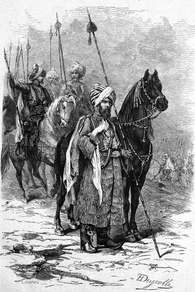 Żołnierze kurdyjscy w 1877 roku podczas wojny wschodniej (1875-1878) zwanej także turecką wojną rosyjską (rosyjsko-turecką). Grawerowanie w „”Le Monde Illustré””n°1055 z 30 czerwca autorstwa French School